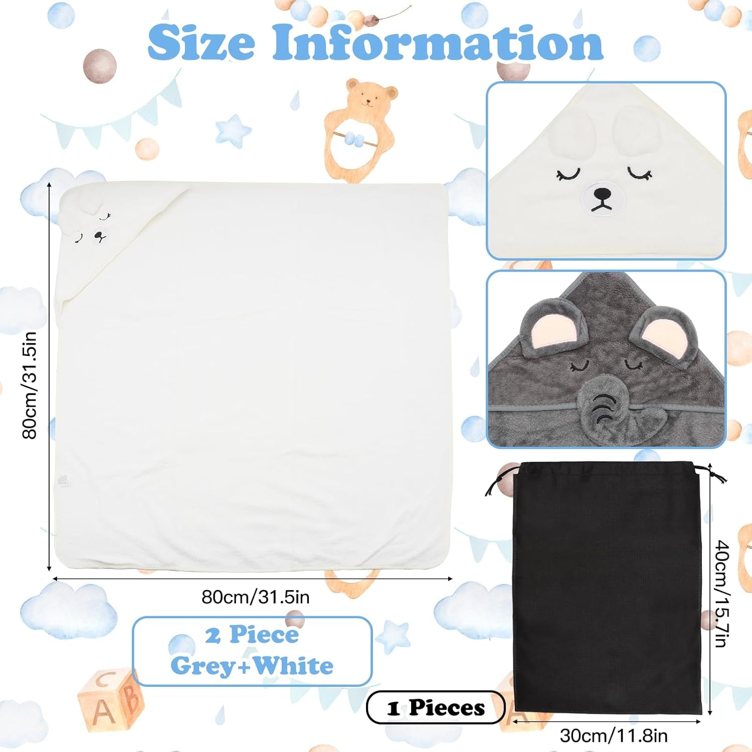 2 PCS Baby Hooded Towels Newborn, 80*80 CM Hooded Baby Towel Girl Boy, Ultra Soft Hooded Bath Towel for Baby, Absorbent Newborn Essentials Baby Bath Towel, Baby Towels with 30*40 CM Storage Bag